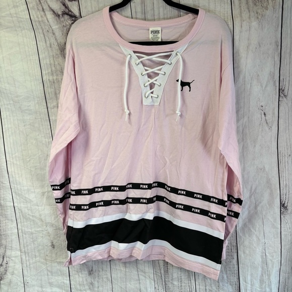 PINK Victoria's Secret Tops - Victoria's Secret PINK Boyfriend Jersey Lace-Up Long Sleeve Shirt Medium